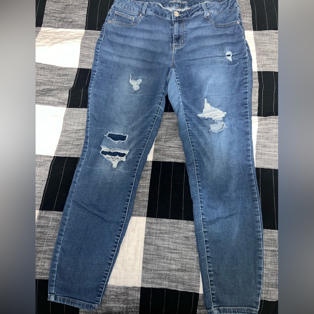 Maurices Distressed Patchwork Jeggings.